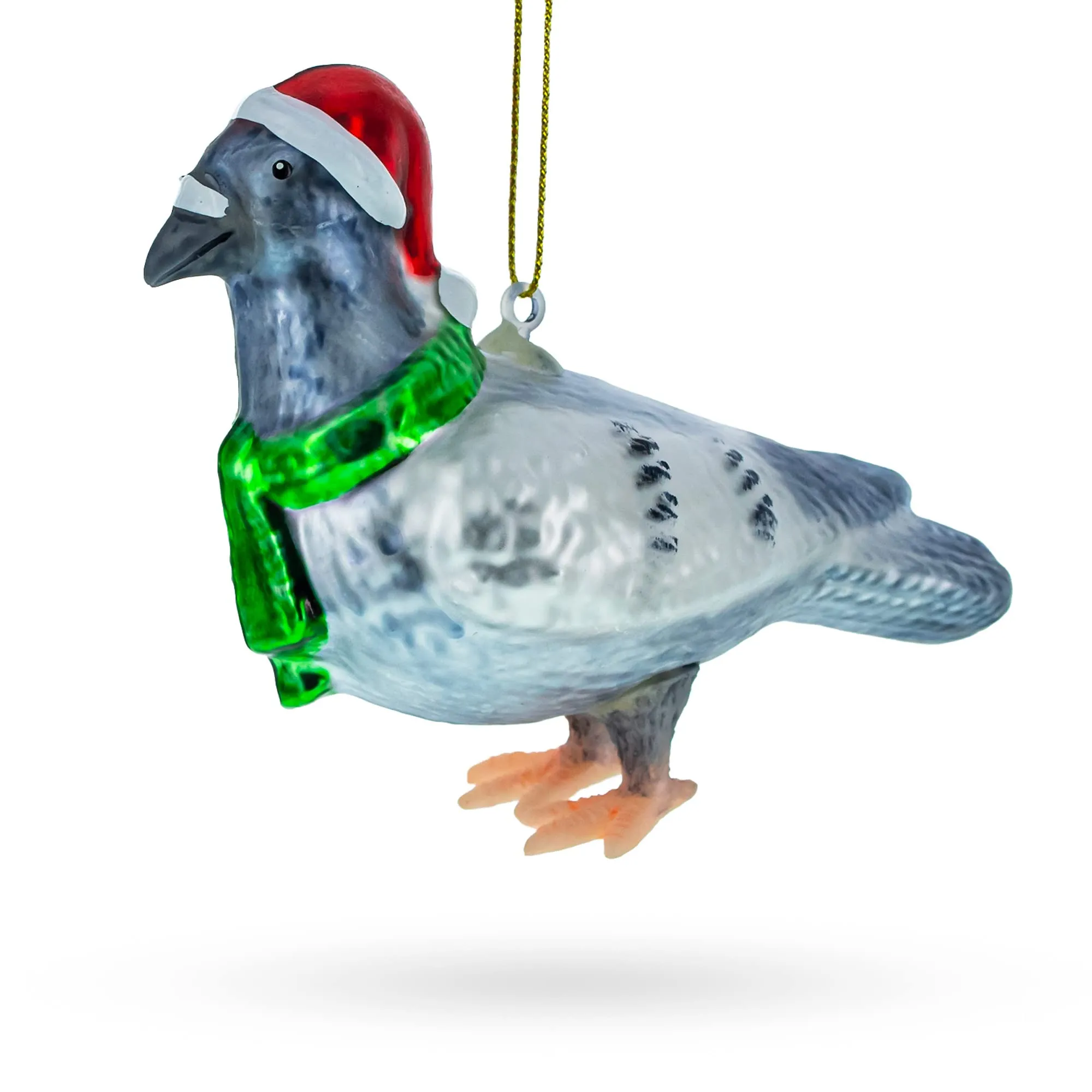 Festive Santa Hat-Wearing Pigeon Glass Christmas Ornament 5.2' Tall, Hand-Painted, Durable Glass