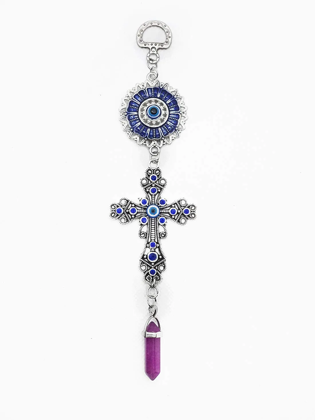 LUCKBOOSTIUM Blue Crystal Inlayed Cross & Mandala Evil Eye Amulet with Hanging Amethyst Stone