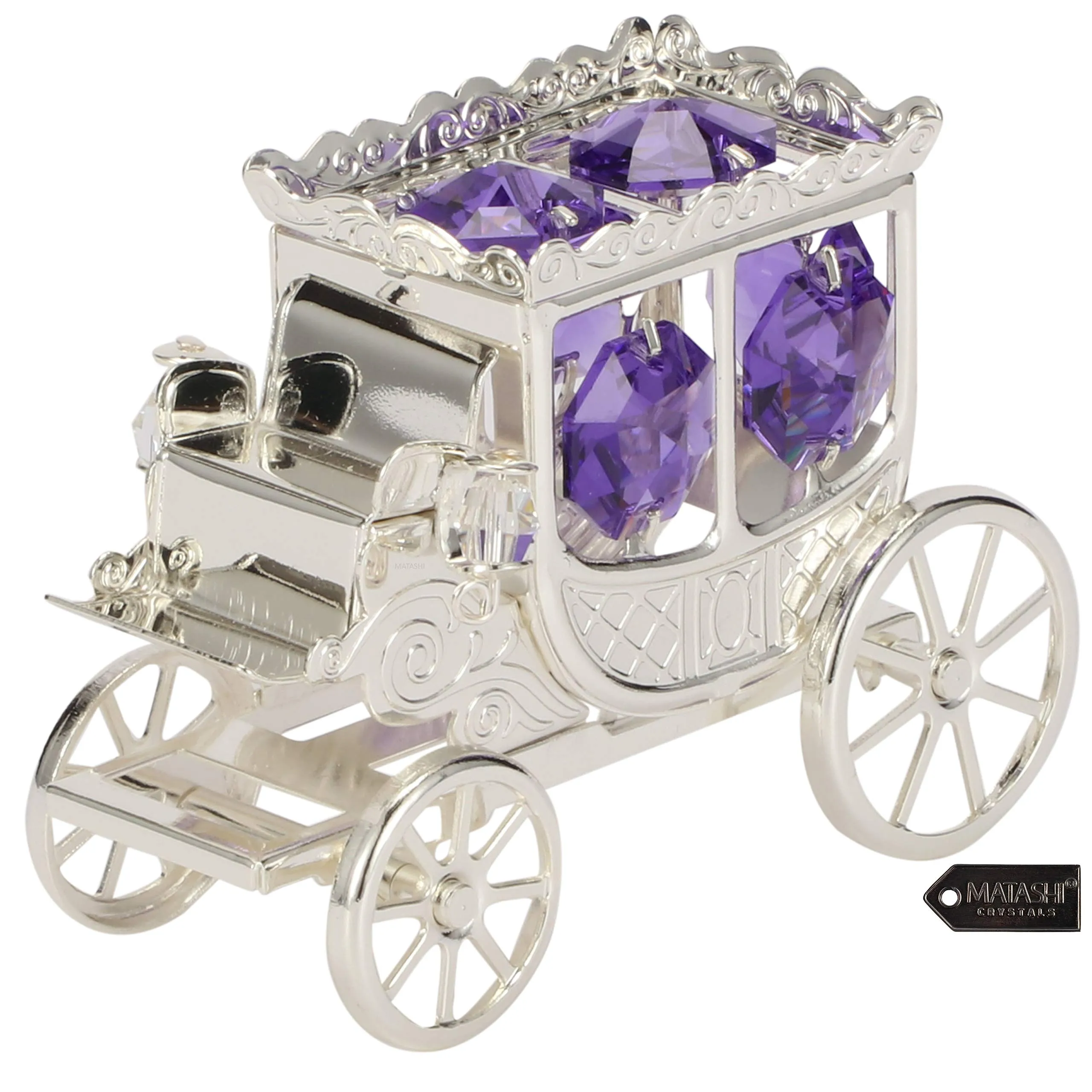 Matashi Silver-Plated Princess Carriage Ornament with Purple & Clear Crystals - Perfect Gift