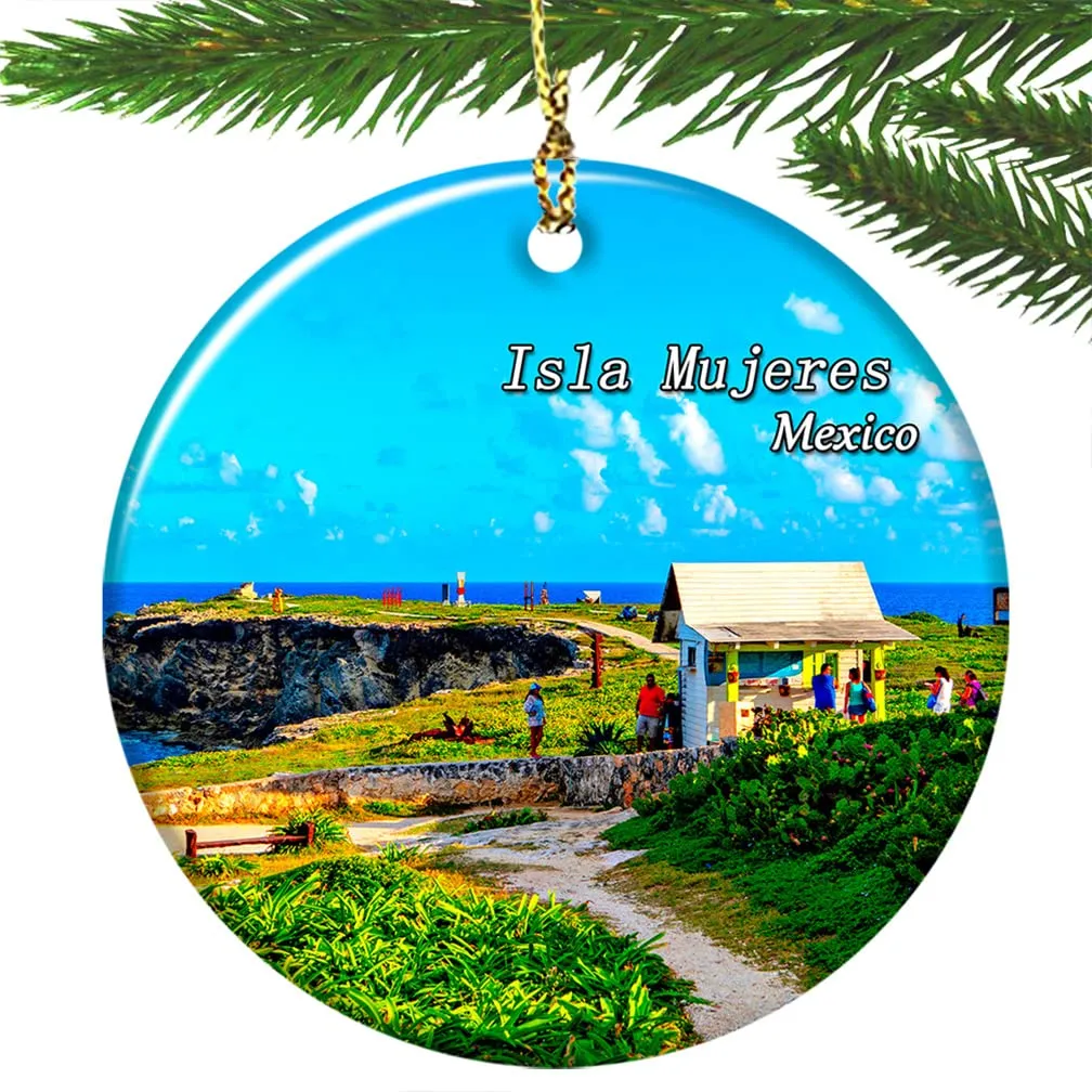 Mexico Isla Mujeres Christmas Ornament, Ceramic Double-Sided Xmas Tree Pendant, 29in Round