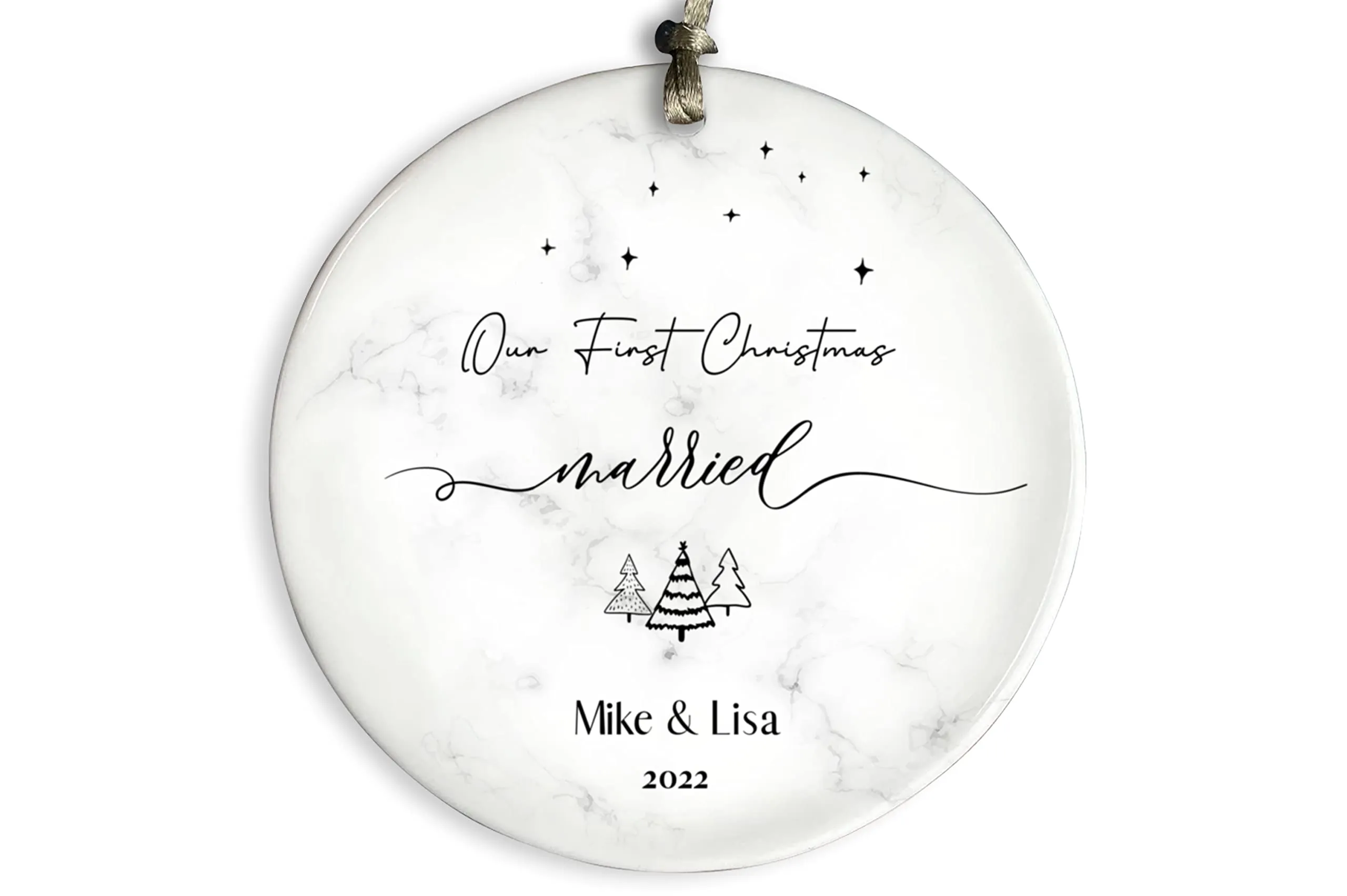 Our First Christmas Married Ornament 2024, Personalized Ceramic Keepsake with Starry Design