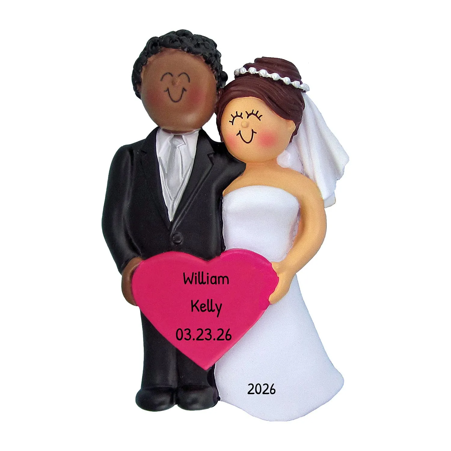 Personalized African-American Groom & Brunette Bride Wedding Ornament 2024 - Custom Christmas Keepsake