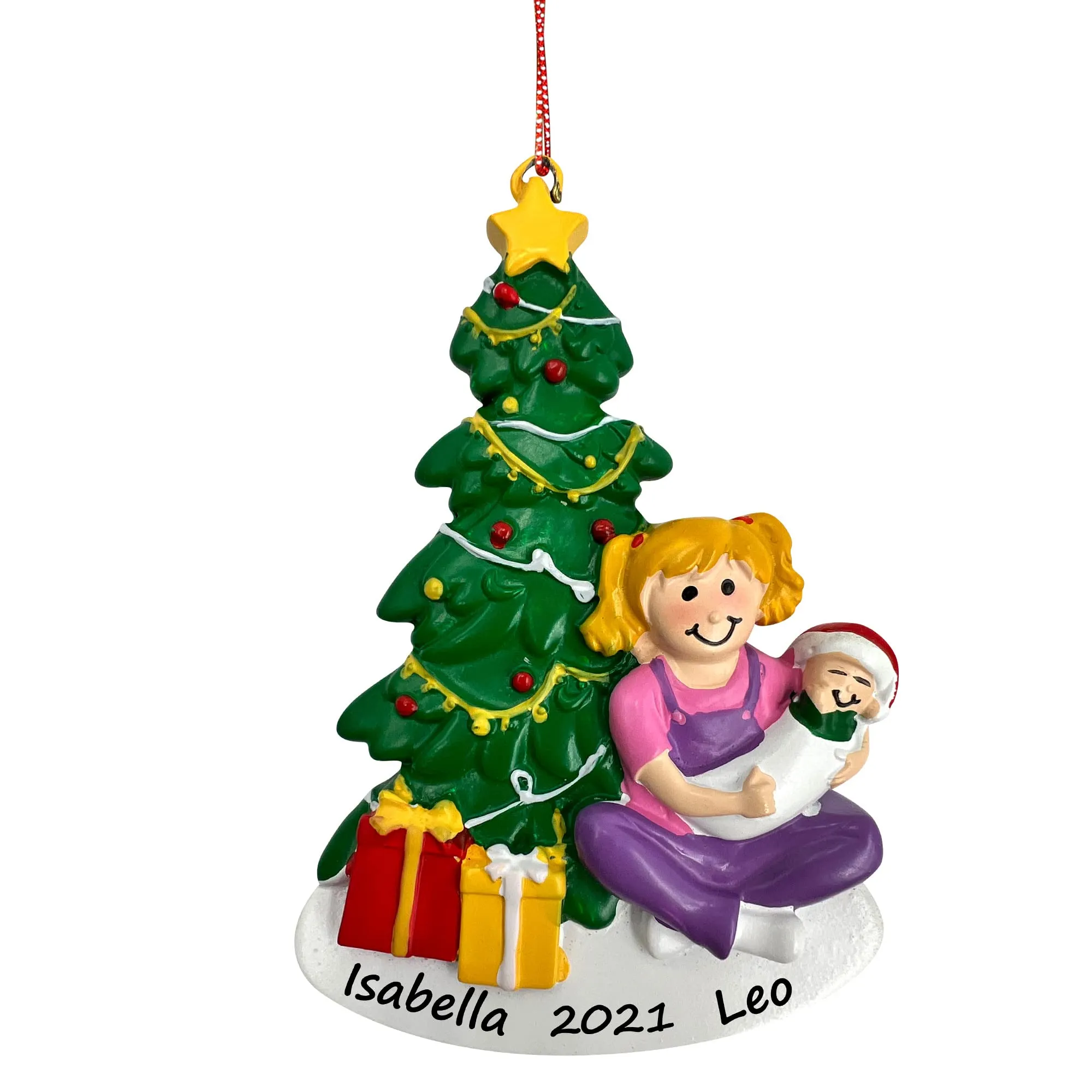 Personalized Blonde Big Sister Holding Sibling Christmas Ornament - Custom Laser Engraved