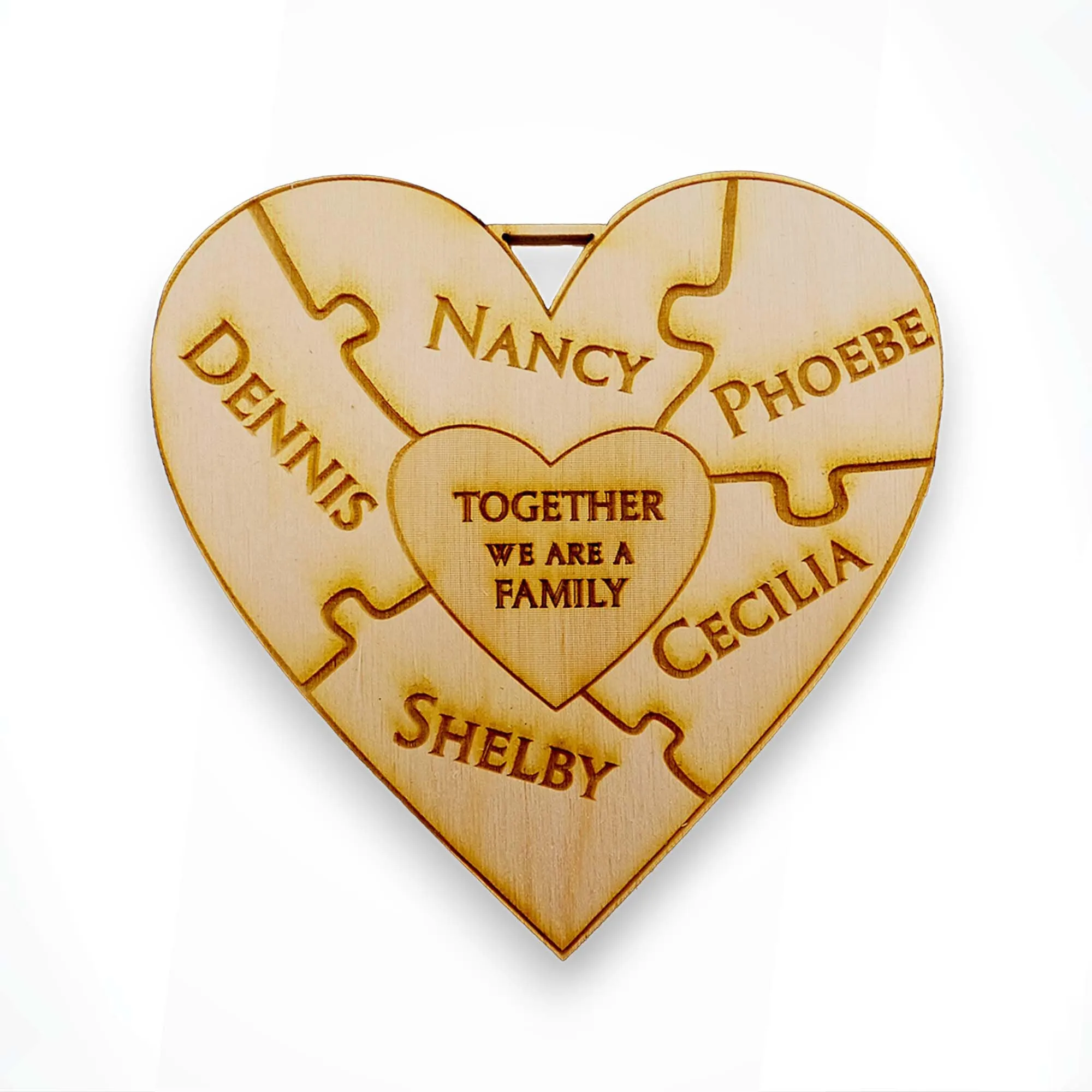 Personalized Family Puzzle Christmas Ornaments - Heart-Shaped Birch Wood, Handmade in SC