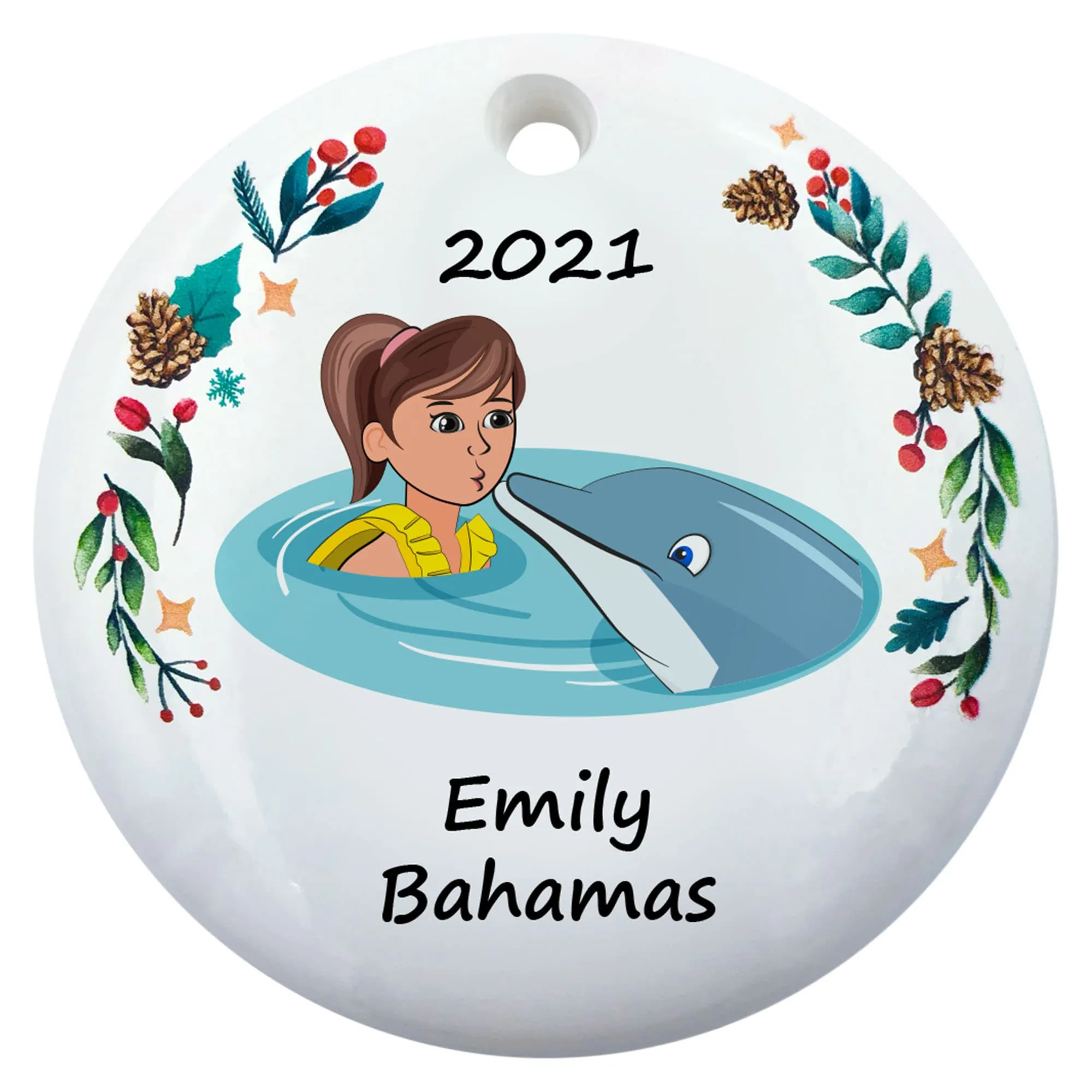 Personalized Swimming with Dolphins Brunette Girl Christmas Tree Ornament