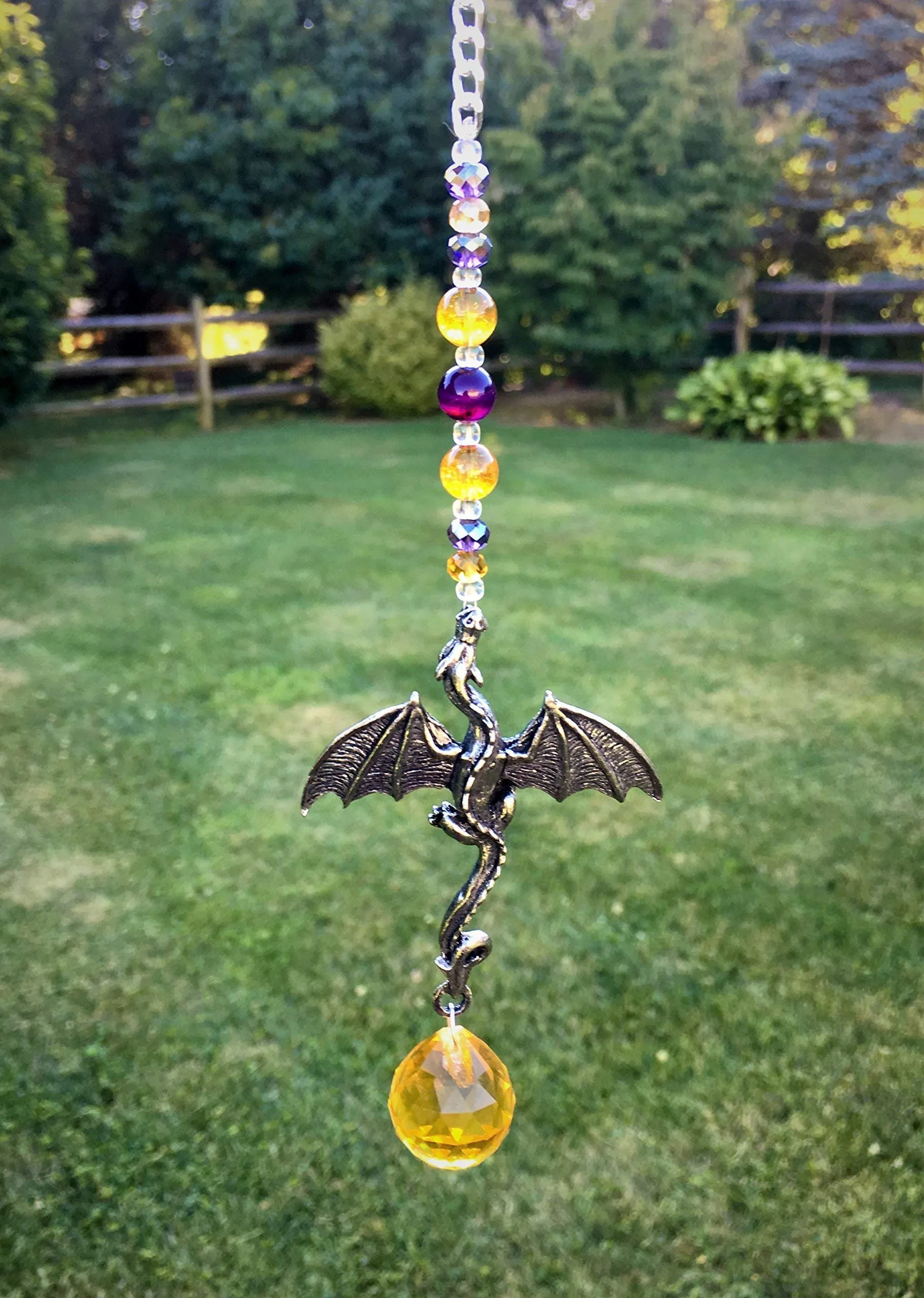 Rear View Mirror Dragon Charm with Amethyst & Citrine Crystal Ball Suncatcher