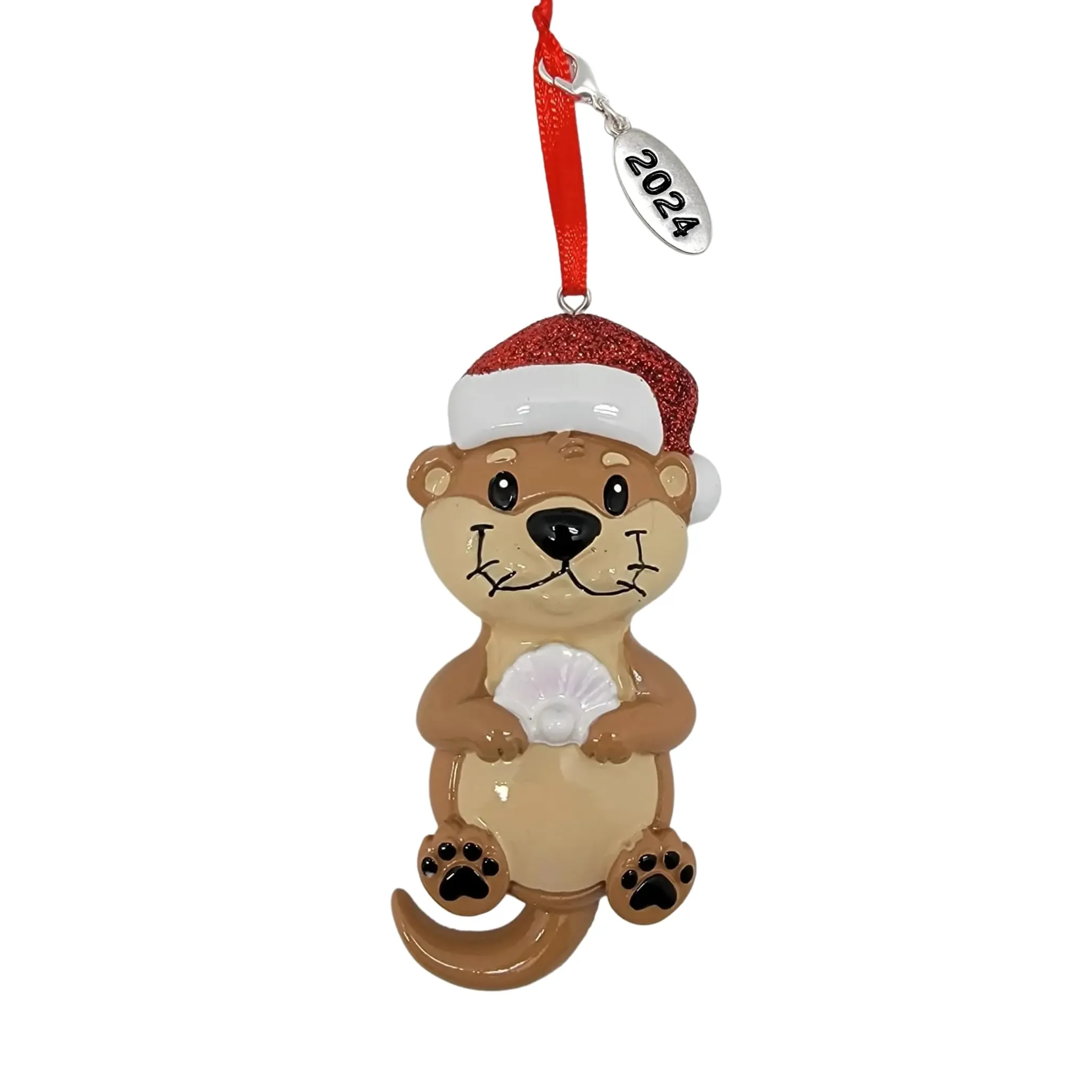 River Otter Christmas Ornament 2024 with Personalization, Seashell & Santa Hat Gift Bag