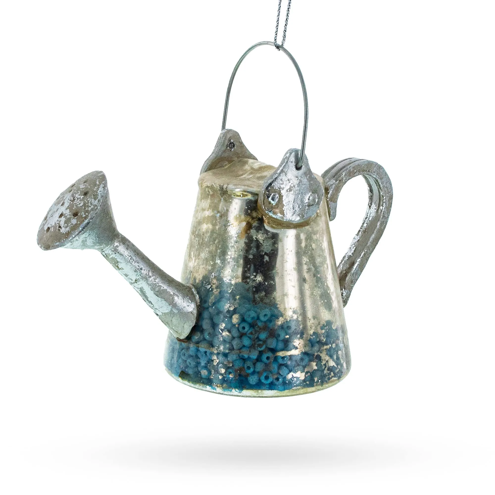 Rustic Metal Watering Can Blown Glass Christmas Ornament - 3.8' Tall, Hand-Painted