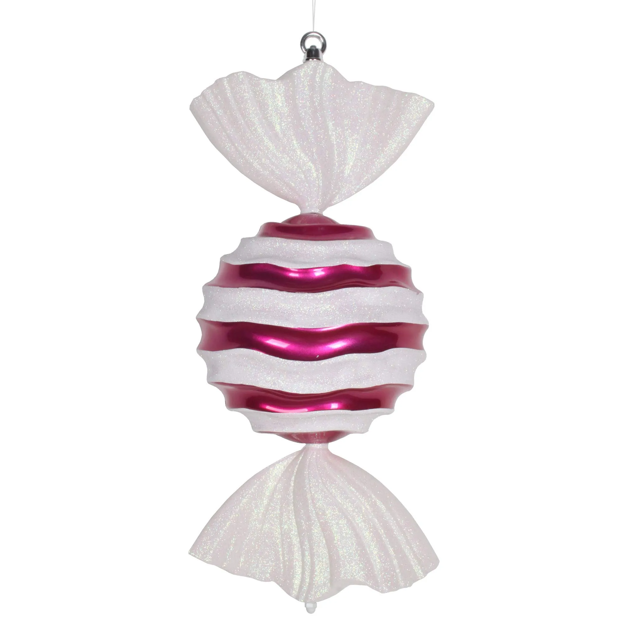 Vickerman 18.5' Cerise-White Striped Wave Candy Ornament - Shatterproof & Glitter Accented