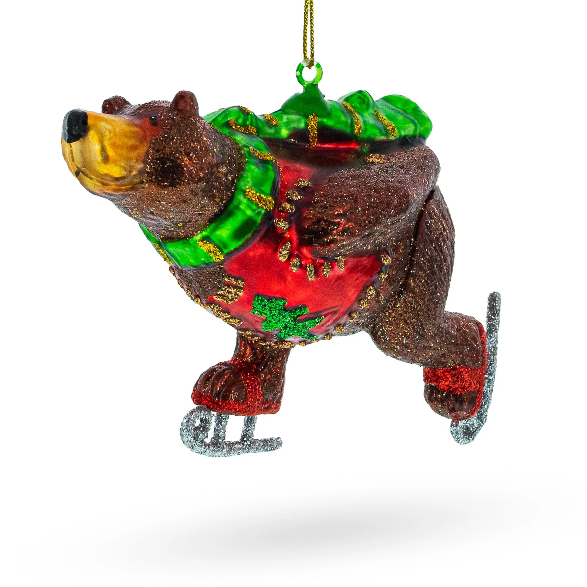 Whimsical Wintertime Skating Bear Glass Christmas Ornament - 5' Tall, Hand-Painted, Durable